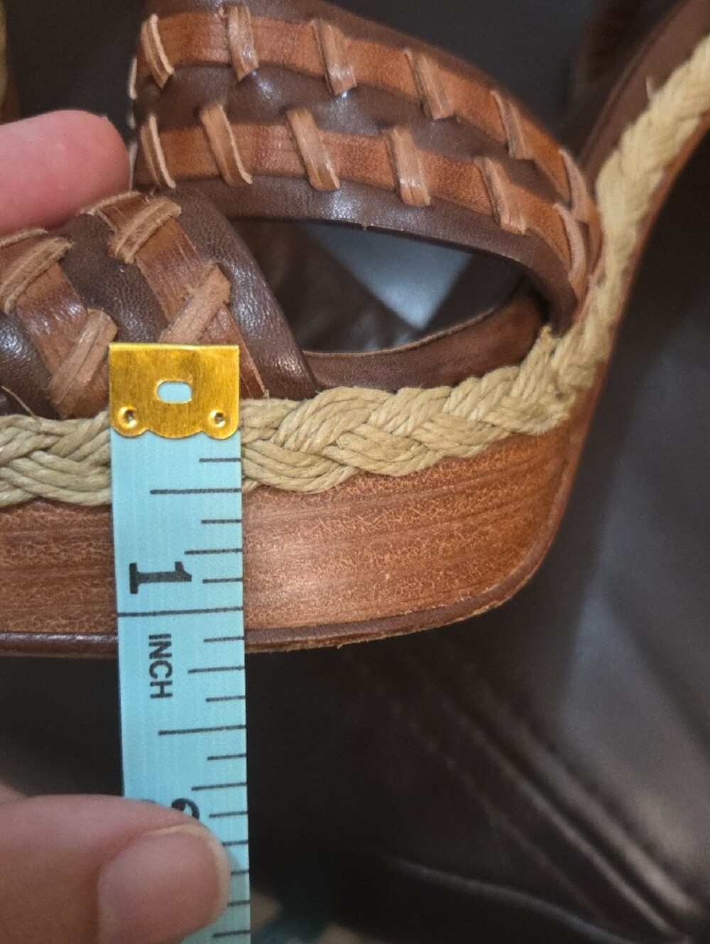 Cole Haan Vanessa Nike Air Brown Woven Leather Platform Heels Ankle Strap Sz 10 - Picture 7 of 13